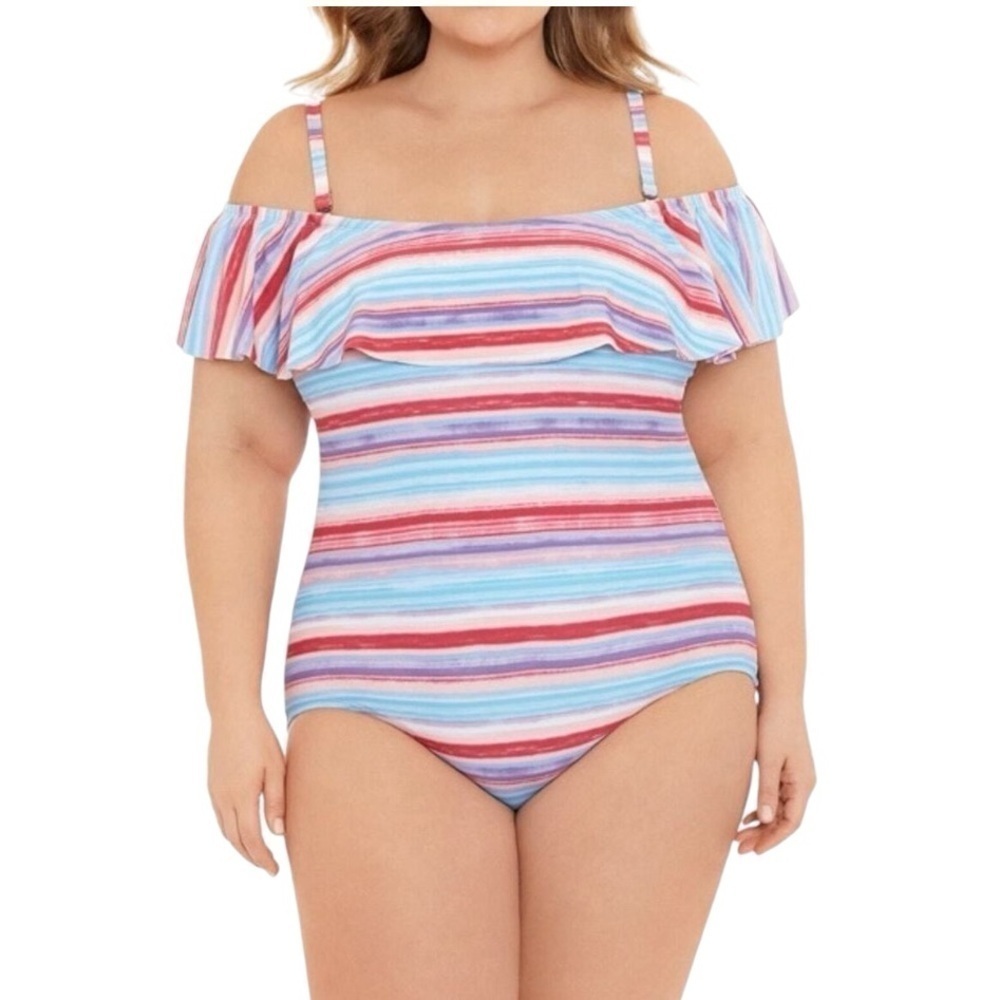 NWOT! Time and Tru Off the Shoulder Rainbow Multicolor One Piece Swimsuit. 12/14